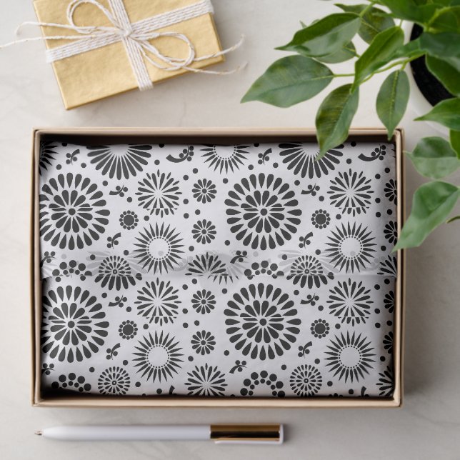 Papier Mousseline Folk Floral Black and White Flowers Boho Chic (Cadeau)