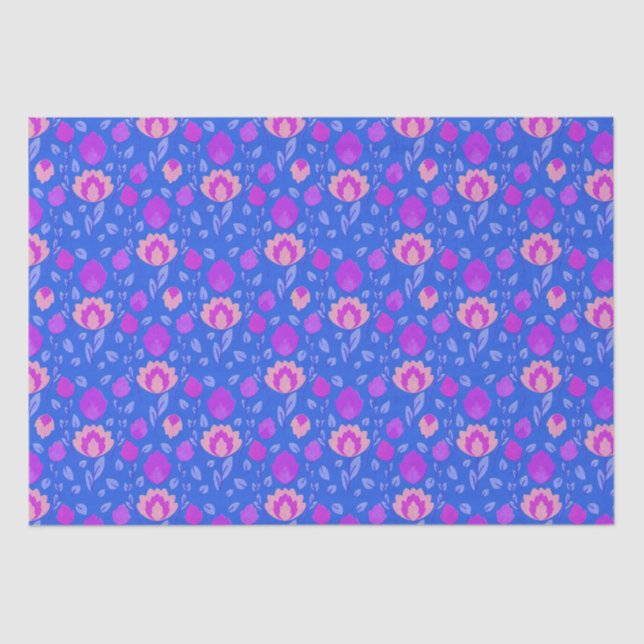 Papier Mousseline Folkore Floral Moderne // Bleu-Violet-Rose (Recto)