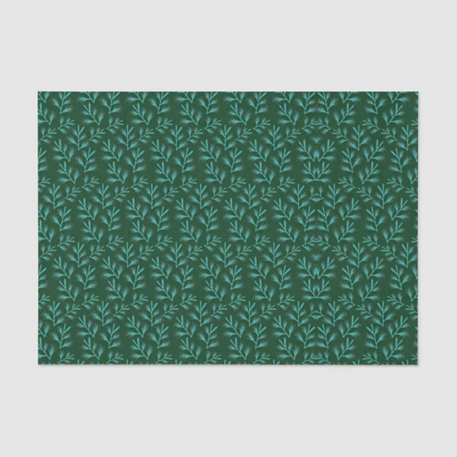 Papier Mousseline Fond vert foncé avec feuilles botaniques sarcelle (Recto)