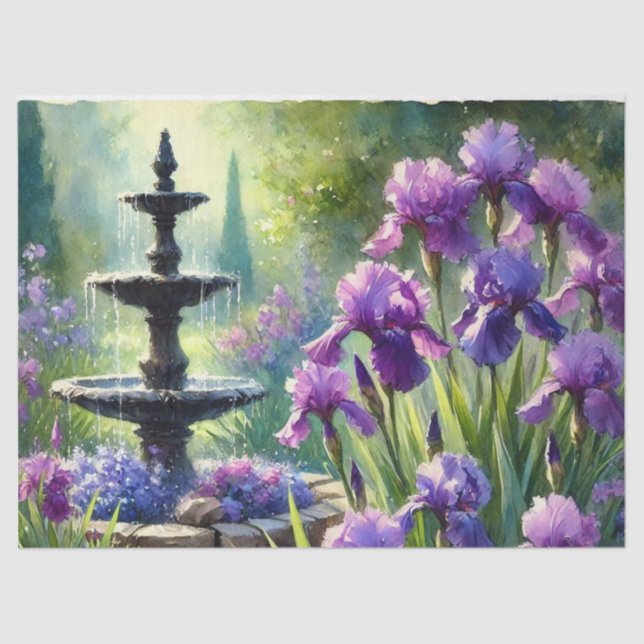 Papier Mousseline Fontaine de jardin avec Purple Irises Papier Tissu (Recto)
