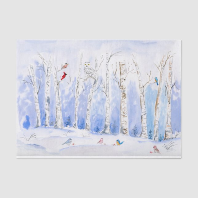 Papier Mousseline Forêt de bouleaux à l'aquarelle avec oiseaux (Recto)