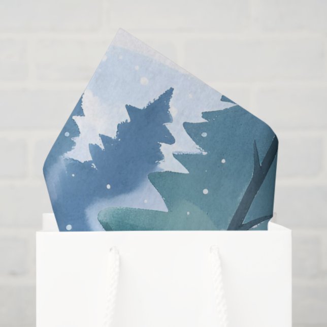 Papier Mousseline Forêt de pins enneigée | Aquarelle d'hiver (Sac cadeau)