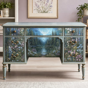 Papier Mousseline Forêt Enchantée Florale Turquoise au Clair de Lune