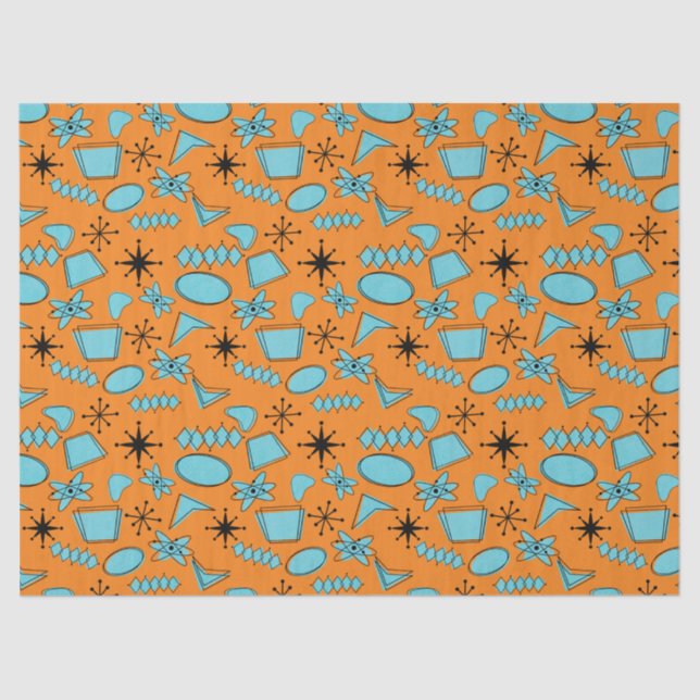 Papier Mousseline Formes atomiques MCM Turquoise sur orange (Recto)