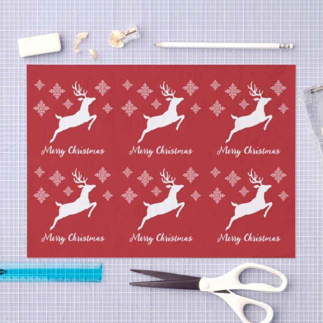 Papier Mousseline Formes de cerf blanc sur fond rouge avec flocons d (Artisanat)