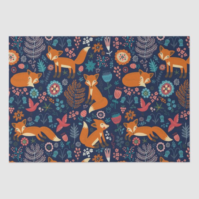 Papier Mousseline Foxes mignons Oiseaux et fleurs Motif (Recto)