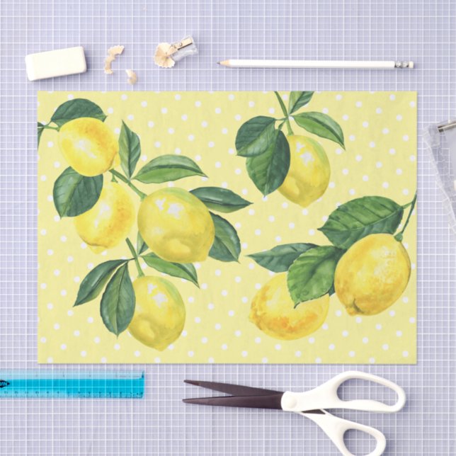 Papier Mousseline Fraîchement rustique citrons d'aquarelle pois (Artisanat)