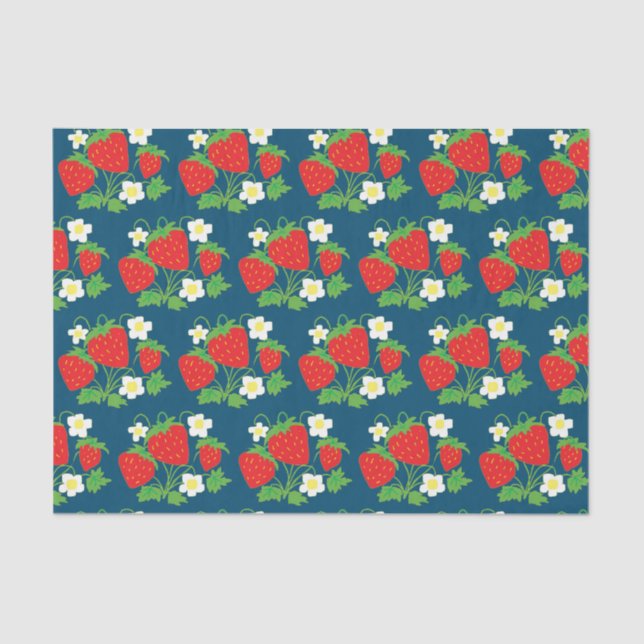Papier Mousseline Fraise et Fleurs Motif Bleu (Recto)