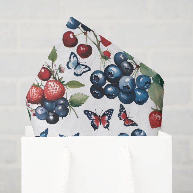 Papier Mousseline Fraises aux bleuets et papillons (Sac cadeau)