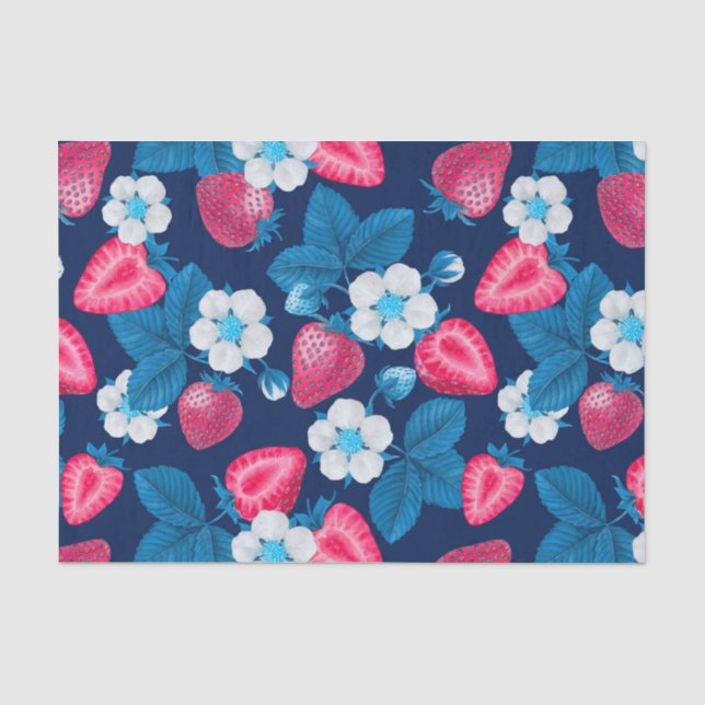 Papier Mousseline Fraises roses sur bleu (Recto)