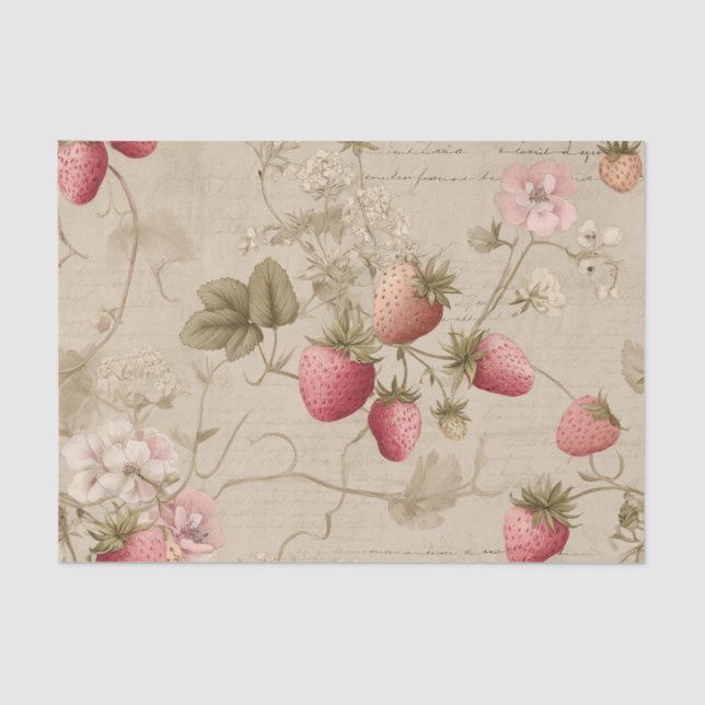 Papier Mousseline Fraises Roses Vintage (Recto)