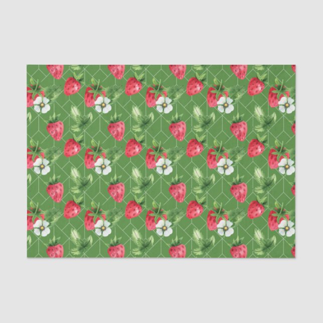 Papier Mousseline Fraises Rouges, Fleurs Blanches (Recto)