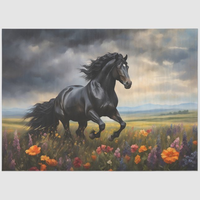 Papier Mousseline Friesian Horse Galloping Découpage Fleur sauvage (Recto)