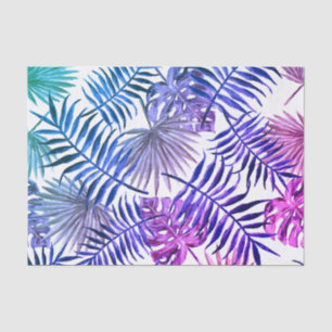 Papier Mousseline Frondes tropicales bleues et roses de paume