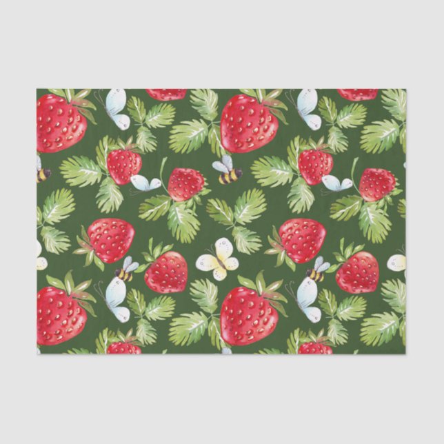 Papier Mousseline Fruits de fraises, Feuilles et abeilles de miel (Recto)