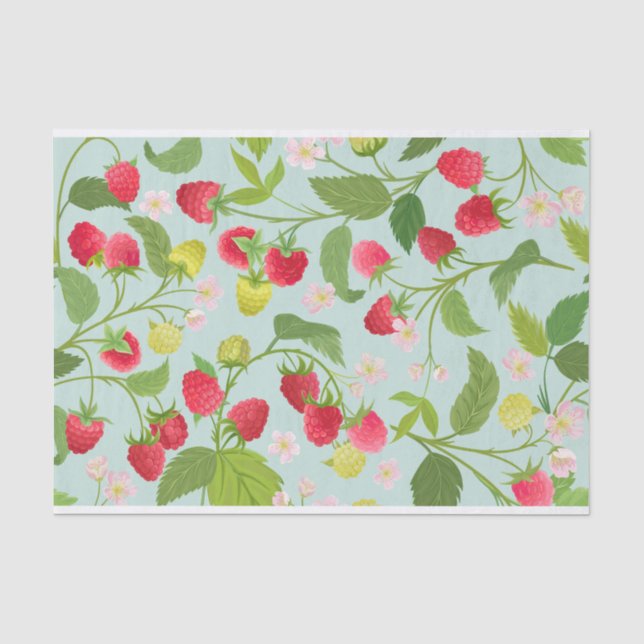 Papier Mousseline Fruits framboises rouges, Feuilles et fleurs (Recto)