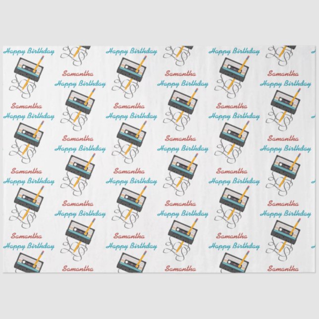 Papier Mousseline Funny 80s Musique Retro Cassette Anniversaire Nom (Recto)
