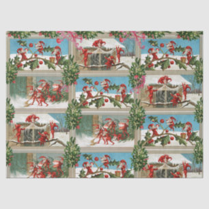 PAPIER MOUSSELINE FUNNY RED CHRISTMAS ELVES, HOLLYBERRIES, MISTLETOE