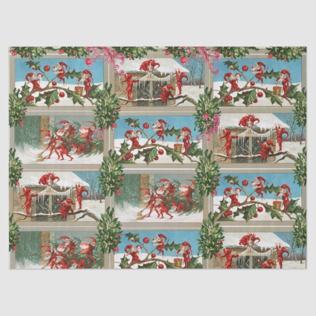 PAPIER MOUSSELINE FUNNY RED CHRISTMAS ELVES, HOLLYBERRIES, MISTLETOE (Recto)