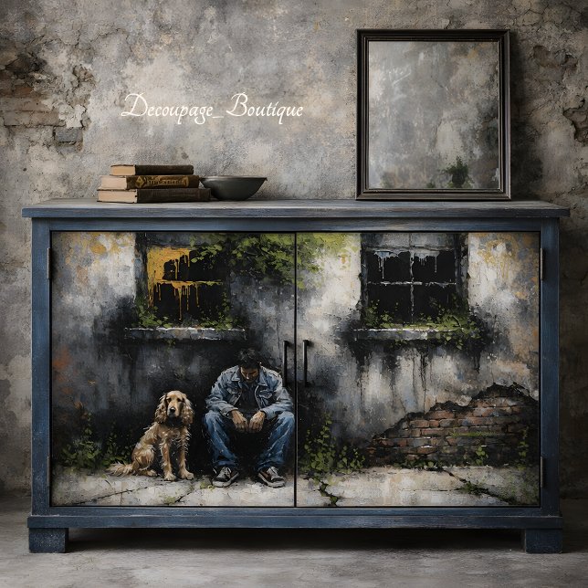 Papier Mousseline Garçon et Chien Calme Décadence Urbaine Découpe At (Boy and Dog Quiet Urban Decay Moody Decoupage Tissue Paper Mockup)