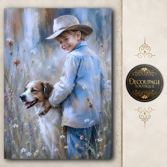 Papier Mousseline Garçon et chien de ferme découpage (Boy and Farm Dog Decoupage Tissue Paper)