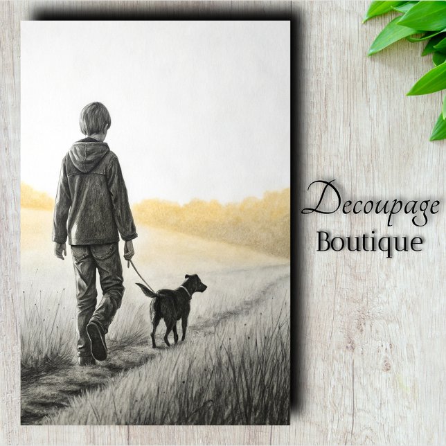 Papier Mousseline Garçon et Chien Découpage Campagnard (Boy and Dog Countryside Decoupage Tissue Paper)