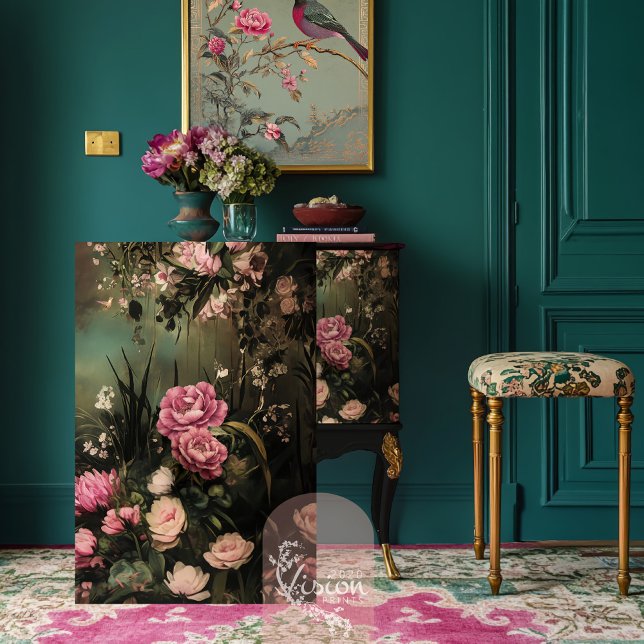 Papier Mousseline Garden Romance, Jardin Floral Ethéal (Garden Romance, Ethereal moody green Floral scene with pink flowers, furniture decoupage tissue)