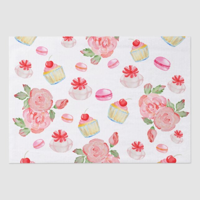 Papier Mousseline Gâteaux sucrés et roses en aquarelle (Recto)