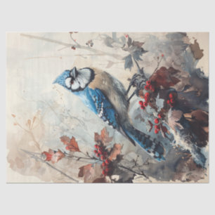 Papier Mousseline Geai bleu à l'aquarelle avec découpage de baies sa