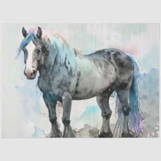 Papier Mousseline Gentil Cheval de Trait Shire Aquarelle Bleu