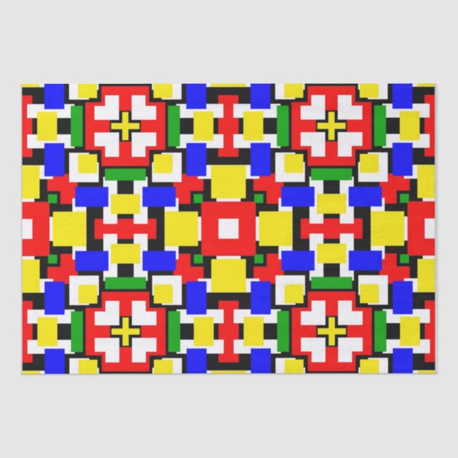Papier Mousseline Géométrie rouge, jaune, noir, bleu et vert (Recto)