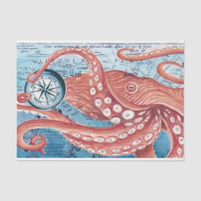 Papier Mousseline Giant Rouge Pacifique Octopus Compass Carte Vintag (Recto)