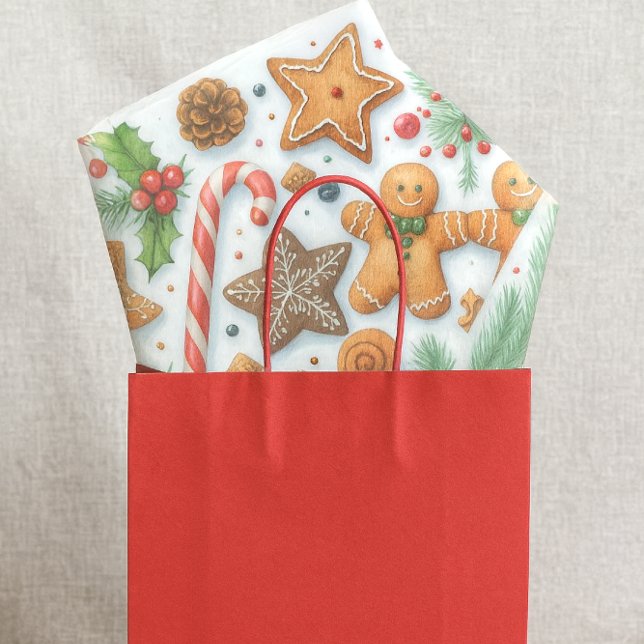 Papier Mousseline Gingerbread Cookie Candy Cane & Pine  (Festive Christmas cookie tissue paper for gift bags, crafts and more )