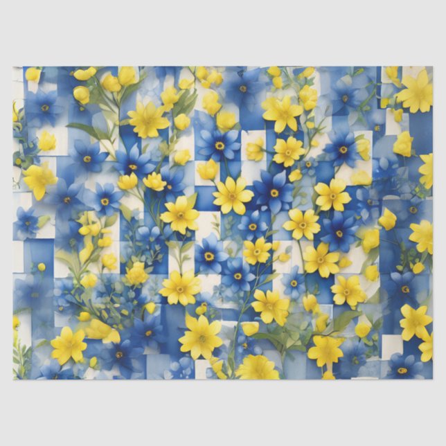 Papier Mousseline Gingham Bleu et Blanc avec Fleur Bleue et Jaune (Recto)