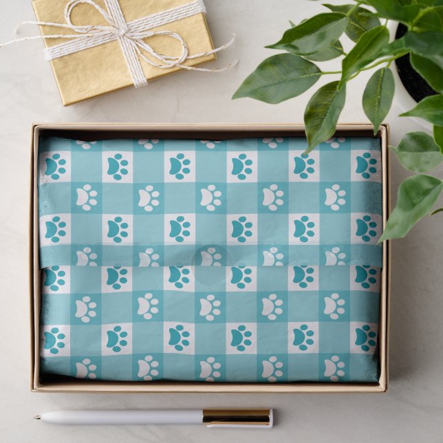 Papier Mousseline Gingham sarcelle mignon avec empreintes de pattes (Cadeau)