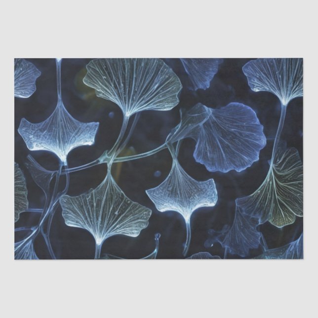Papier Mousseline Ginkgo feuilles découpage luminogramme bleu / (Recto)