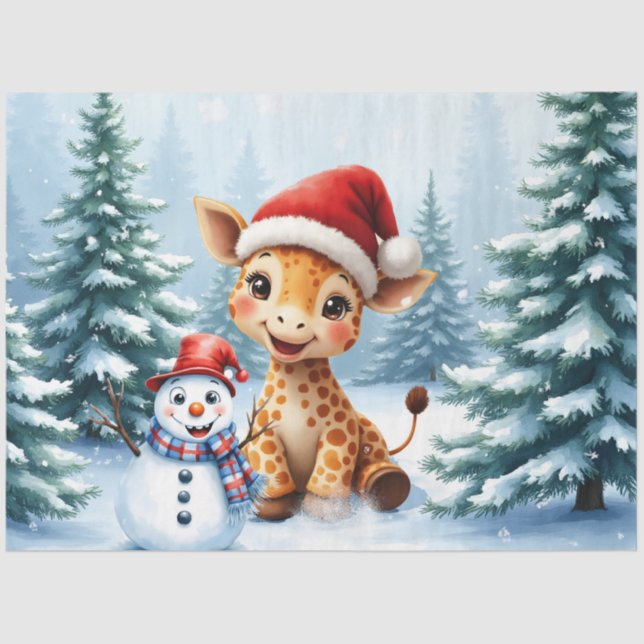 Papier Mousseline Girafe de caricature mignonne avec Santa Hat & Sno (Recto)