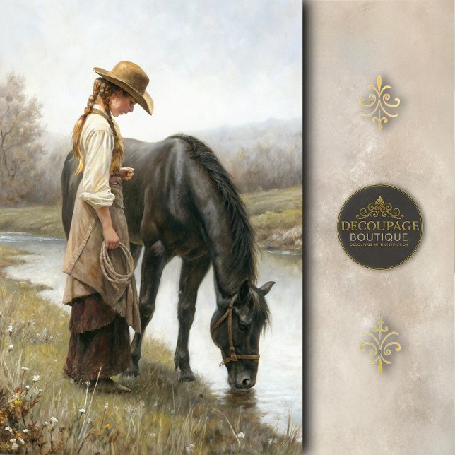 Papier Mousseline Girl With Black Horse By Stream Decoupage (Girl With Black Horse By Stream Decoupage Tissue Paper)