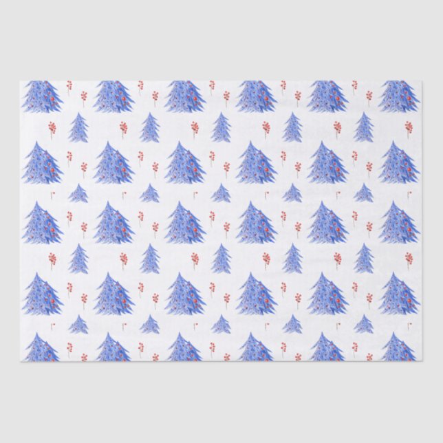 Papier Mousseline Glace Hiver Bleu Arbre Holly Berries Blanc Noël (Recto)