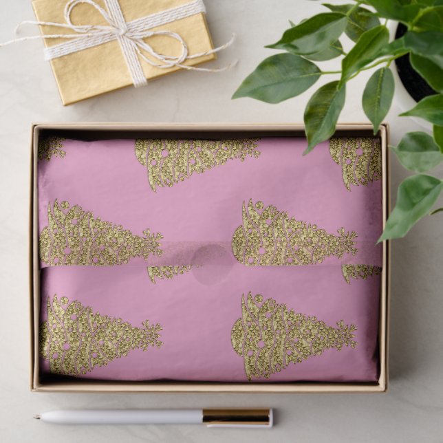 Papier Mousseline Glam Golden Christmas Trees on Pink Christmas (Cadeau)