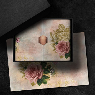 Papier Mousseline Glam Steampunk   Rose rose et or Rustique Floral