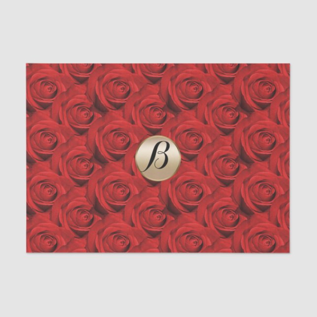Papier Mousseline Glamour Roses Rouges Or Monogramme Élégant Moderne (Recto)