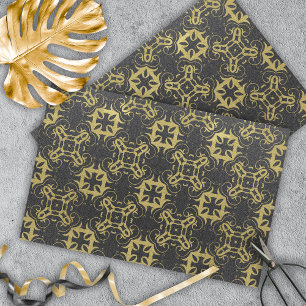 Papier Mousseline Glitterie Noir Faux Or Métallurgique Damas Modèle