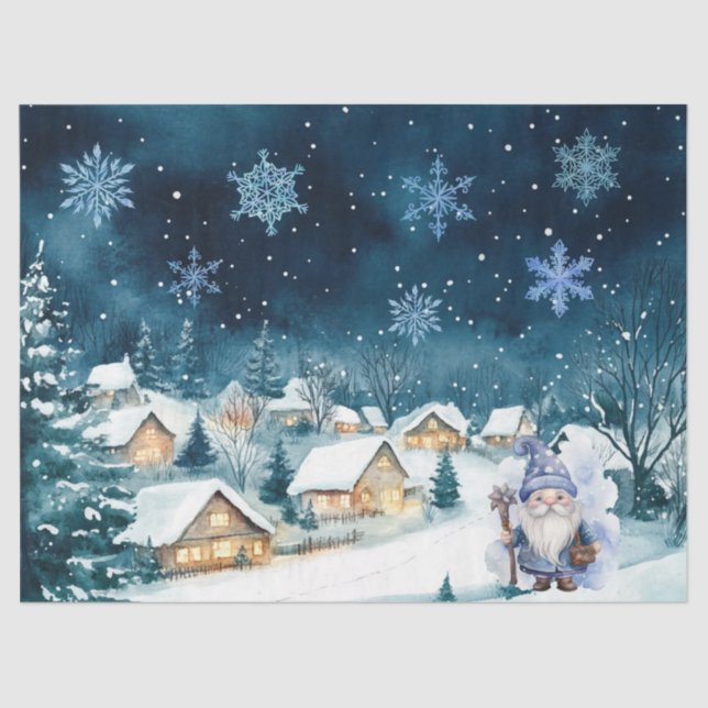 Papier Mousseline Gnome et flocons de neige bleu Whimsical (Recto)