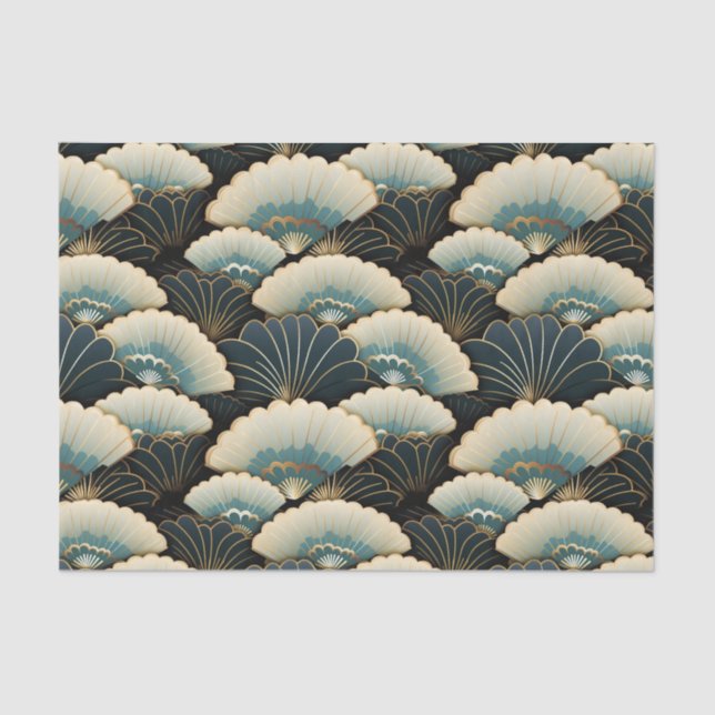 Papier Mousseline Gold and Teal Japanese-inspire Fan Patterned (Recto)