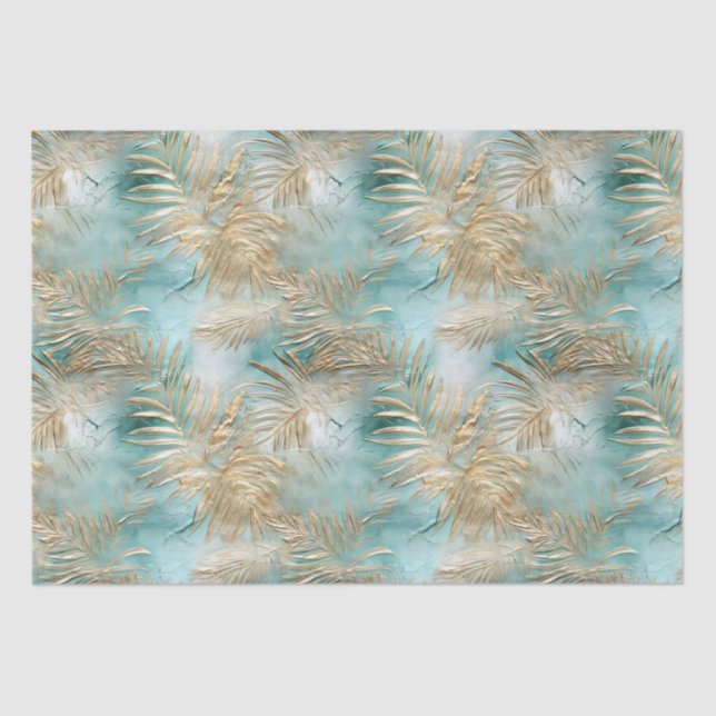 Papier Mousseline Gold Aqua White Feuilles tropicaux (Recto)