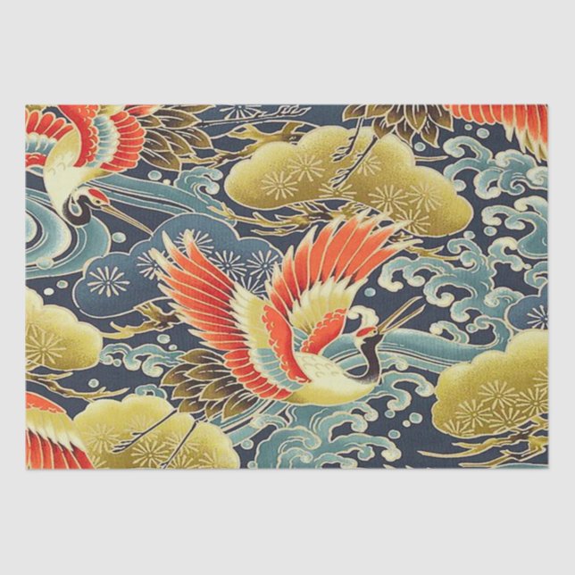 Papier Mousseline Gold Blue Bird Japonais Kimono Floral Decoupage (Recto)