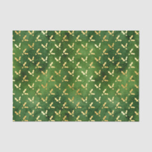 Papier Mousseline Gold Christmas Holly sur Green