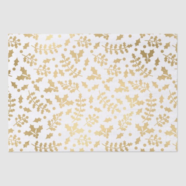 Papier Mousseline Gold Foil & White Holly Noël d'hiver (Recto)