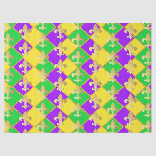 Papier Mousseline Gold Green Mardi Gras Harlequin Motif (Recto)